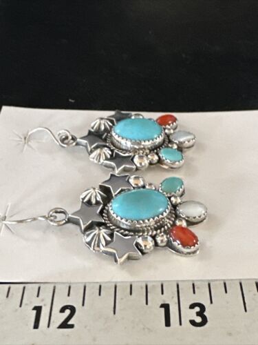 Navajo Coral Mother of Pearl Turquoise Sterling Silver Earrings | July Fourth | Handmade 15330