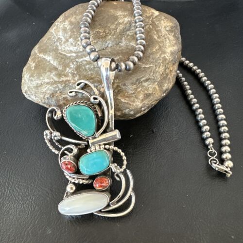 Navajo Kingman Turquoise Spiny Oyster | Mother of Pearl Necklace Pendant | Sterling Silver | 15952