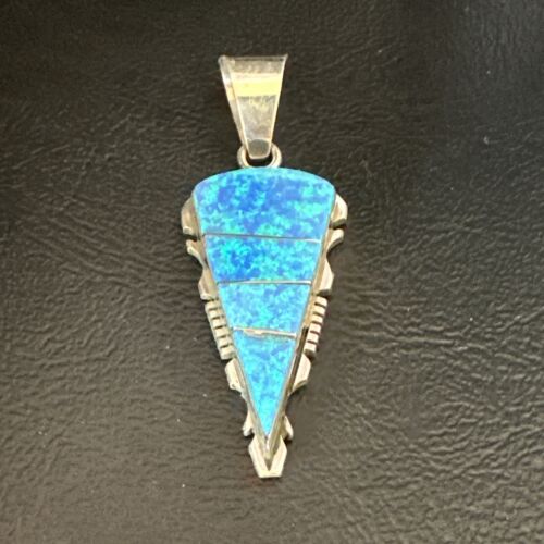 Navajo Arrowhead Blue Opal Inlay Pendant Necklace | Sterling Silver | Authentic Native American Handmade | 15677
