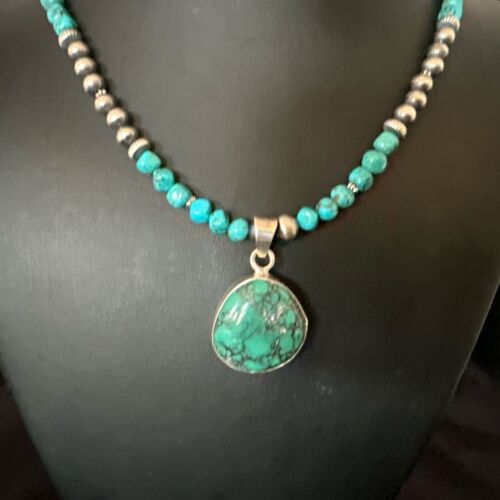 Men's Blue Spiderweb Turquoise Pendant Necklace | Navajo Sterling Silver | Authentic Native American Handmade | 17086
