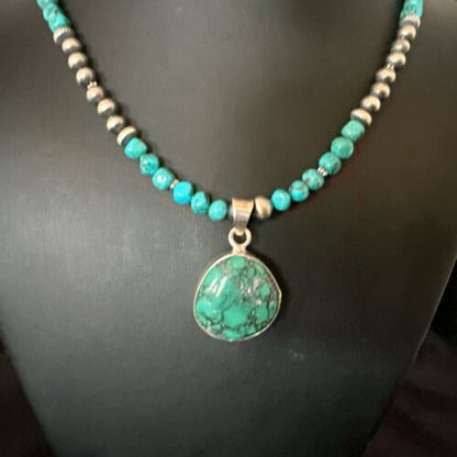 Men's Blue Spiderweb Turquoise Pendant Necklace | Navajo Sterling Silver | Authentic Native American Handmade | 17086