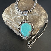 Navajo Blue Turquoise Pendant Necklace | Sterling Silver Pearls | Authentic Native American Handmade | 15656