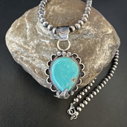 Navajo Blue Turquoise Pendant Necklace | Sterling Silver Pearls | Authentic Native American Handmade | 15656