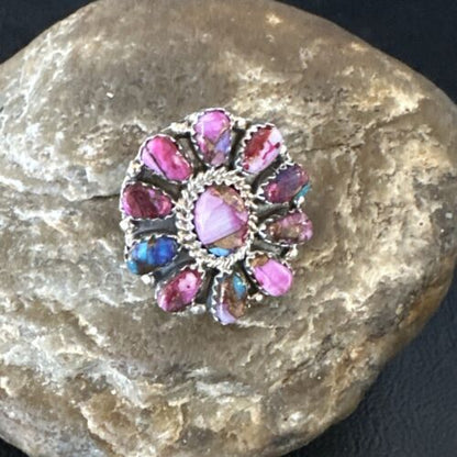 Navajo Purple Spiny Oyster Cluster Ring | Authentic Native American Sterling Silver | Multi-Stone | Sz 8 | 15053