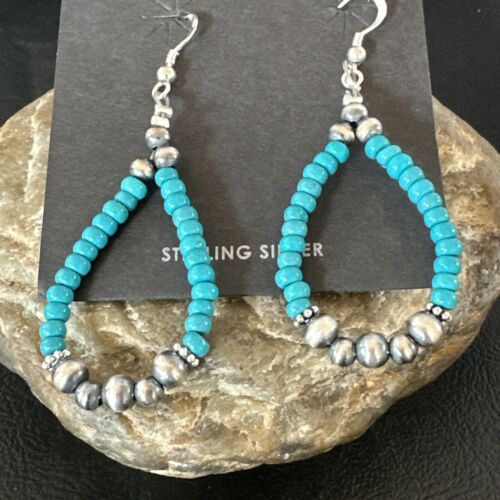 Navajo Teal Blue Turquoise 4mm Bead Earrings | Sterling Silver Pearls | 2" | Authentic Native American Handmade | 16823
