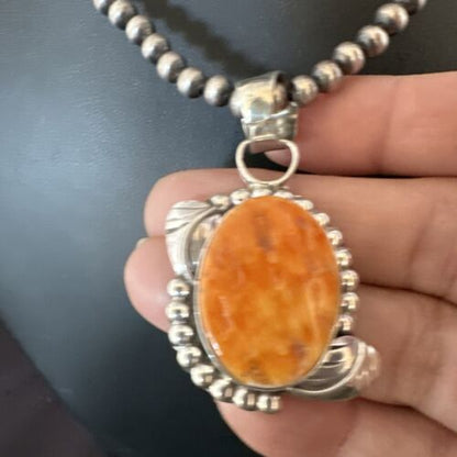Navajo Orange Spiny Oyster Pendant Necklace | Sterling Silver Pearls | Authentic Native American Handmade | 16553