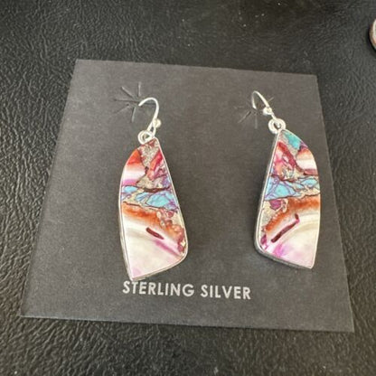 Navajo Blue Turquoise Purple Spiny Oyster Inlay Dangle Earrings | Sterling Silver | 15566