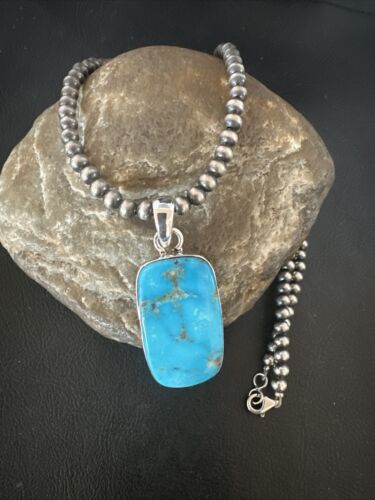 Blue Kingman Turquoise Pendant | Navajo Pearls | Sterling Silver Necklace 20" | 16696