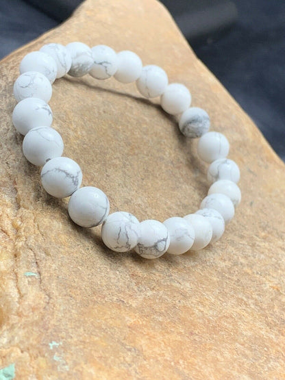 White Howlite Bead Mala Bracelet | 8mm | Stretchable | Authentic Native American Handmade | 4603