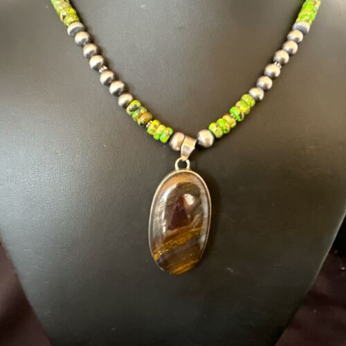 Navajo Green Turquoise Jasper Pendant | Sterling Silver Necklace | Authentic Native American Handmade | 16922