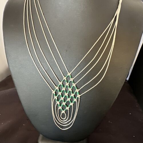 Crisscross Green Malachite Heishi Necklace | 5 Strand Liquid Sterling Silver | 22" | 15884