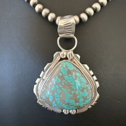 Navajo Men's Blue Turquoise #8 Pendant Necklace | Sterling Silver | Authentic Native American Handmade | 17123