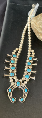 Navajo Kingman Turquoise Squash Blossom Necklace | Sterling Silver | Authentic Native American Handmade | 13678