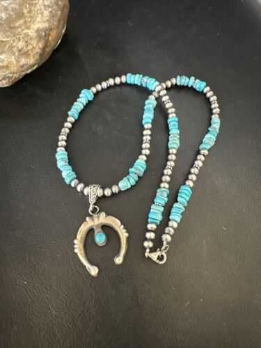 Navajo Kingman Turquoise Naja Pendant Necklace | Sterling Silver | Native American Handmade | 14834