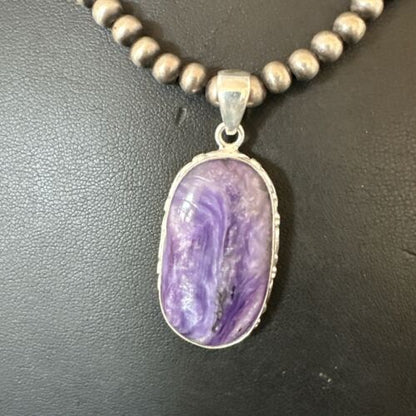 Navajo Purple Charoite Pendant with Pearls | Sterling Silver Necklace | Authentic Native American Handmade | 17313
