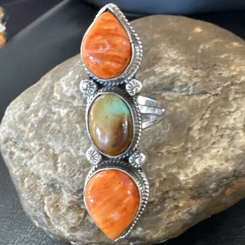 Navajo Green Turquoise Spiny Oyster Multi-Stone Ring | Authentic Native American Sterling Silver | Sz 9.5 | 16715