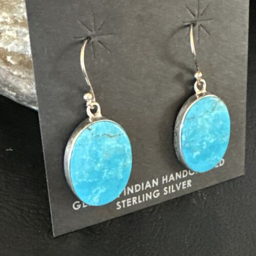 Navajo Blue Kingman Turquoise Dangle Earrings | Sterling Silver | Authentic Native American Handmade | 15436