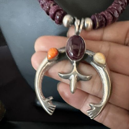 Navajo Purple Spiny Oyster Turquoise Naja Pendant Necklace | Sterling Silver | Native American Handmade | 15273