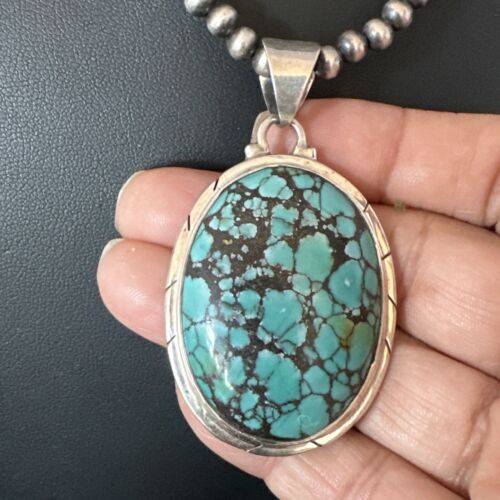 Men's Navajo Blue Spiderweb Turquoise Pendant Necklace | Sterling Silver | Authentic Native American Handmade | 16213