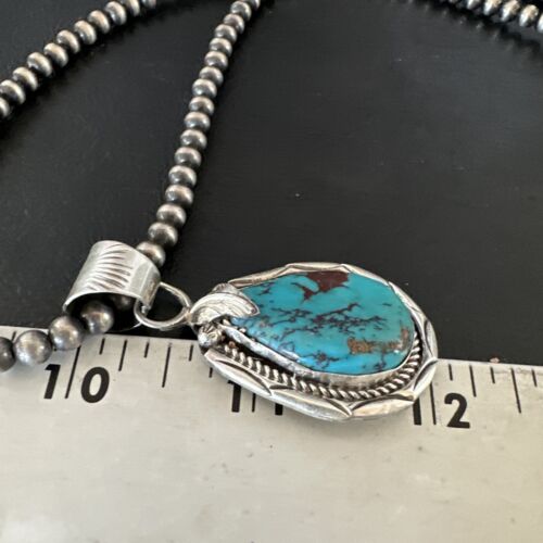 Navajo Blue Kingman Turquoise Pendant Necklace | Sterling Silver Pearls | Authentic Native American Handmade | 16024