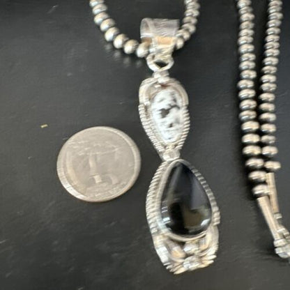 Navajo White Buffalo Turquoise Onyx Necklace Pendant | Sterling Silver | Authentic Native American Handmade | 15316