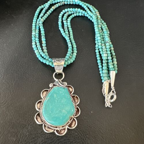 Navajo Blue Turquoise Pendant | Sterling Silver 3-Strand Bead Necklace | 17" | Authentic Native American Handmade | 15996
