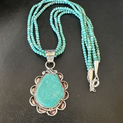 Navajo Blue Turquoise Pendant | Sterling Silver 3-Strand Bead Necklace | 17" | Authentic Native American Handmade | 15996