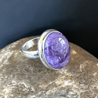 Women's Purple Charoite Navajo Oval Ring | Sterling Silver | Sz 7 | Authentic Native American Handmade | 16051