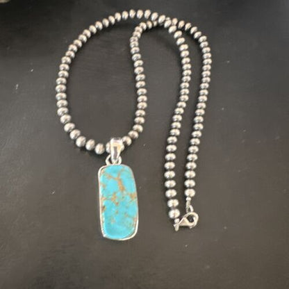 Navajo Blue Kingman Turquoise Pendant Necklace | Sterling Silver | 20" | Authentic Native American Handmade | 16700