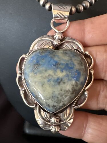 Men's Blue Heart Denim Lapis Pendant | Navajo Pearls Sterling Silver Necklace 21" | 15522
