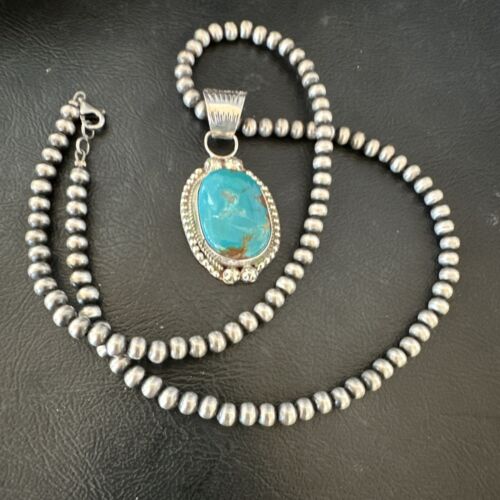 Navajo Pearls Kingman Turquoise Pendant Necklace | Sterling Silver | Authentic Native American Handmade | 17126