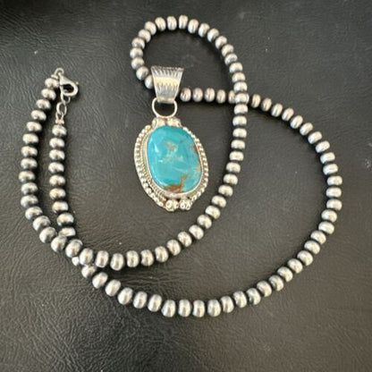 Navajo Pearls Kingman Turquoise Pendant Necklace | Sterling Silver | Authentic Native American Handmade | 17126