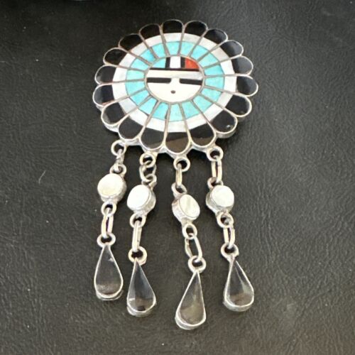 Sunface Zuni Inlay Turquoise Mother of Pearl Pin Pendant | Sterling Silver | Authentic Native American Handmade | 15177