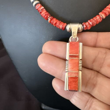 Navajo Red Spiny Oyster Pendant Necklace | Sterling Silver Inlay | Authentic Native American Handmade | 16884