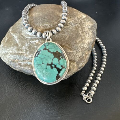 Men's Navajo Blue Spiderweb Turquoise Pendant Necklace | Sterling Silver | Native American Handmade | 16272