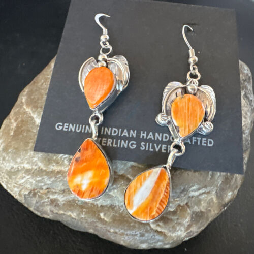 Navajo Orange Spiny Oyster Dangle Earrings | Sterling Silver | 1.5" | Authentic Native American Handmade | 16569