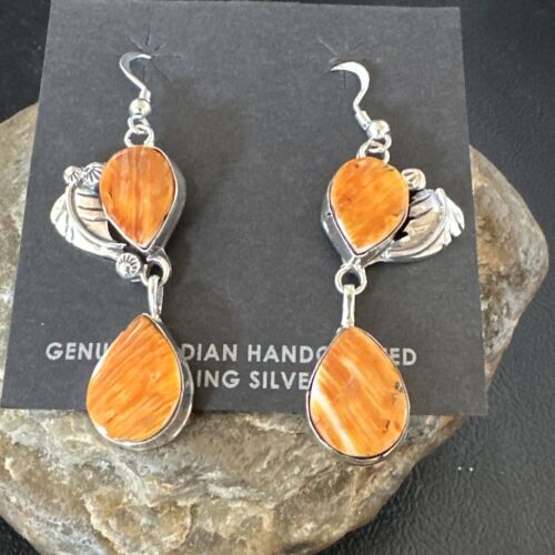Navajo Orange Spiny Oyster Dangle Earrings | Sterling Silver | 1.5" | Authentic Native American Handmade | 16567