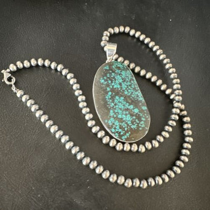 Navajo Blue Spiderweb Turquoise Pendant Necklace | Sterling Silver Pearls | Authentic Native American Handmade | 15568