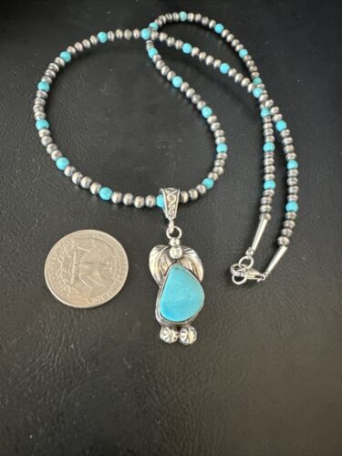 Navajo Pearls Kingman Turquoise Pendant Necklace | Sterling Silver | Authentic Native American Handmade | 14888