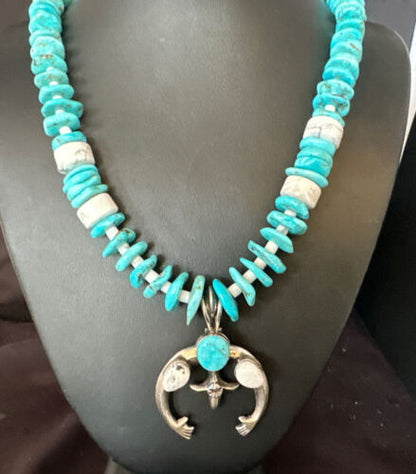 Navajo White Buffalo Blue Turquoise Naja Pendant | Sterling Silver Necklace | Authentic Native American Handmade | 15026