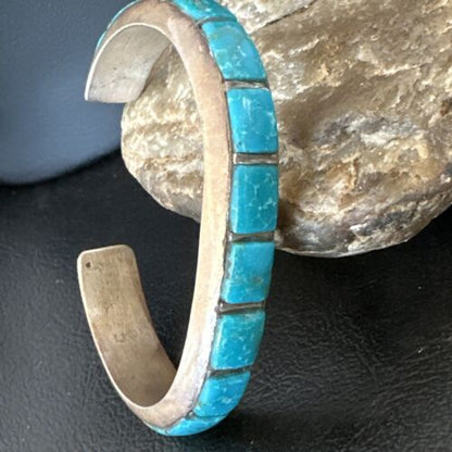Old Pawn Men's Blue Kingman Turquoise Cuff Bracelet | Zuni Sterling Silver | 15955
