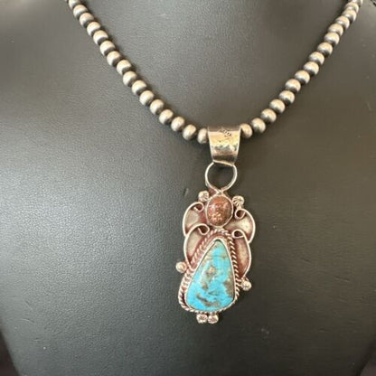 Navajo Blue Kingman Turquoise Wild Horse Pendant Necklace | Sterling Silver | Authentic Native American Handmade | 17224