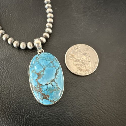 Navajo Blue Spiderweb Turquoise Pendant Necklace | Sterling Silver | Authentic Native American Handmade | 17014