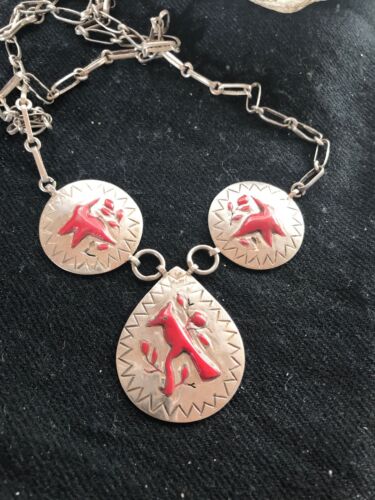 Zuni Coral Pendant Necklace & Earrings Set | Sterling Silver | Cardinal Design | Authentic Native American Old Pawn Jewelry