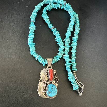 Navajo Blue Turquoise Coral Pendant Necklace | Sterling Silver Pearls | 20" | Authentic Native American Handmade | 17541