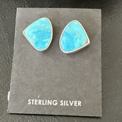 Navajo Blue Kingman Turquoise Post Stud Earrings | Sterling Silver | Authentic Native American Handmade | 17482