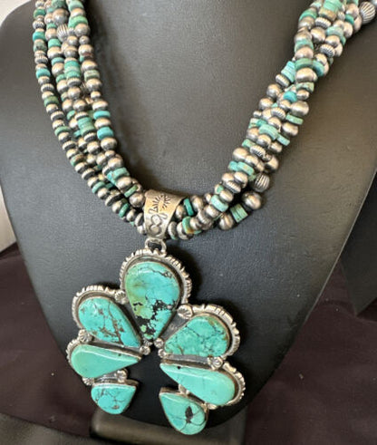 Navajo XL Blue Turquoise Cluster Naja Pendant Necklace | Sterling Silver | 21" | 16678