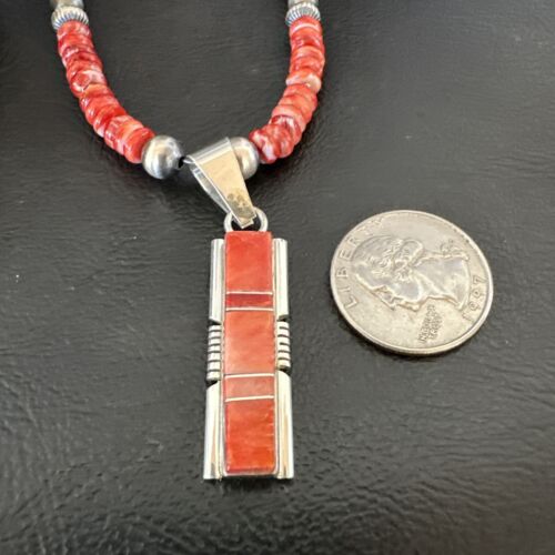 Navajo Red Spiny Oyster Pendant Necklace | Sterling Silver Inlay | Authentic Native American Handmade | 16884