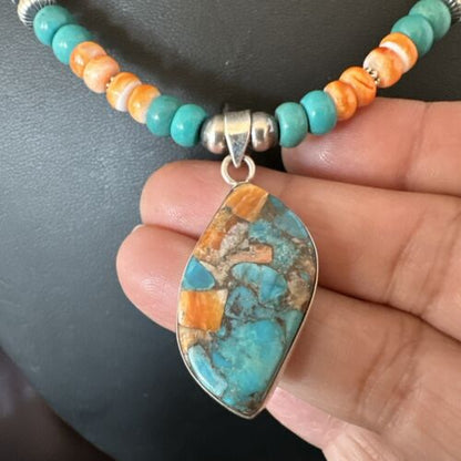 Navajo Spiny Turquoise Pendant Necklace | Sterling Silver | 21" | Authentic Native American Handmade | 17518