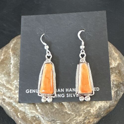 Navajo Orange Spiny Oyster Dangle Earrings | Sterling Silver | Authentic Native American Handmade | 17272